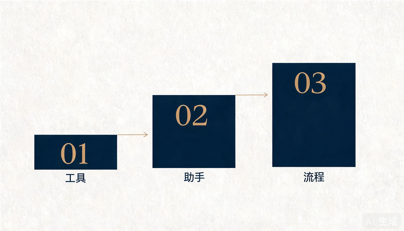 AI 进入组织的三种姿态：工具、助手与流程（示意图）